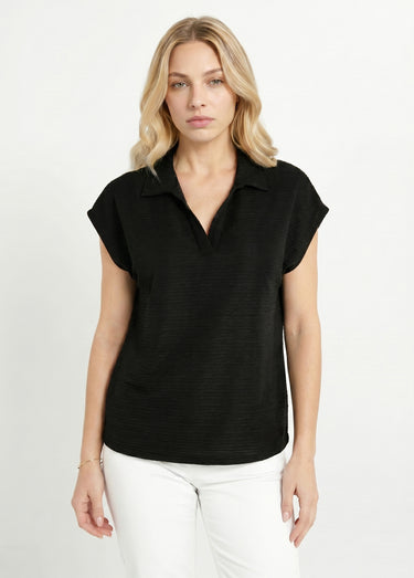 T-shirt col chemise uni manches courtes Noir