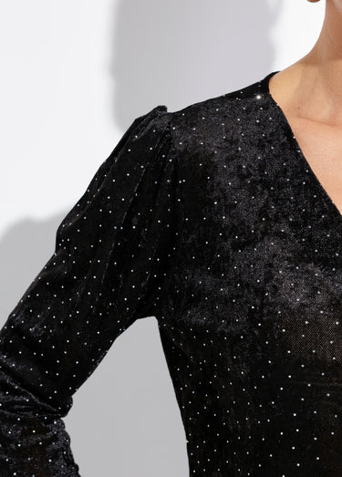 Tunique chic col V, velours avec strass Noir