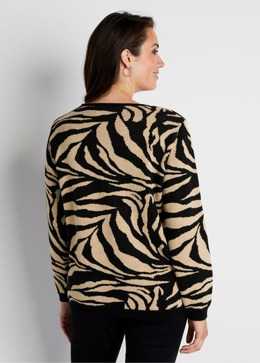 Pull doux jacquard zèbre col rond Beige/Noir