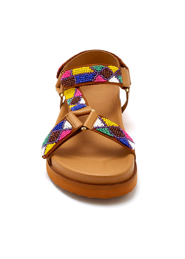 Sandales semelle ergonomique brides avec perles Marron