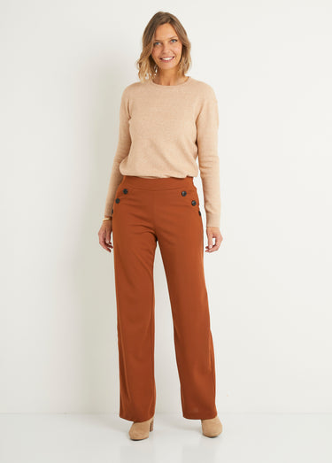 Pantalon large taille semi élastiquée uni Camel