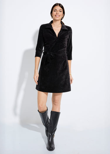Robe col V à ceinturer en velours ras Noir