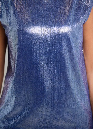 T-shirt métallisé sans manches col rond Bleu Brillant