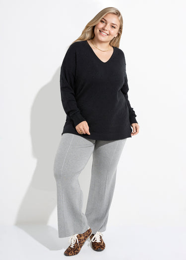Pull col V maille fantaisie à pois Noir