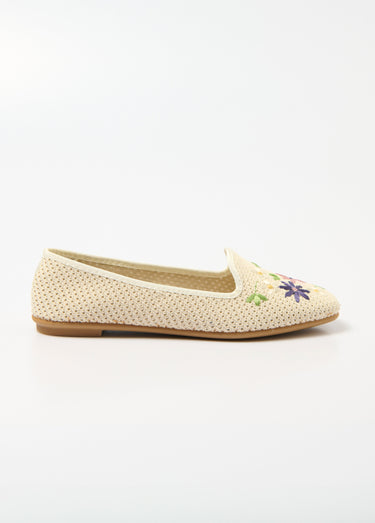 Ballerines ouvertes textile brodé talon plat Beige
