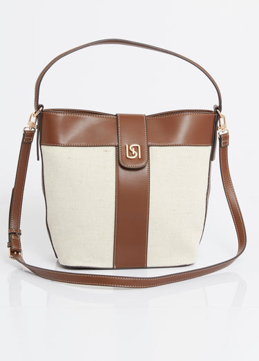 Sac seau chic, toile et simili cuir Camel