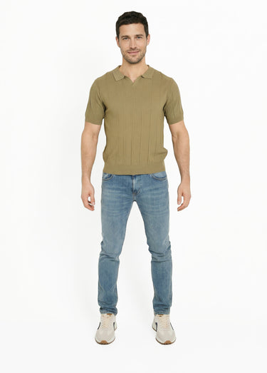 Pull fin en maille gaufrée avec col polo Kaki