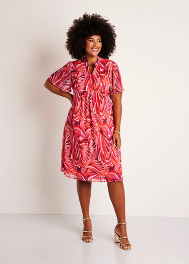 Robe courte évasée motif feuilles Fuchsia/Rose