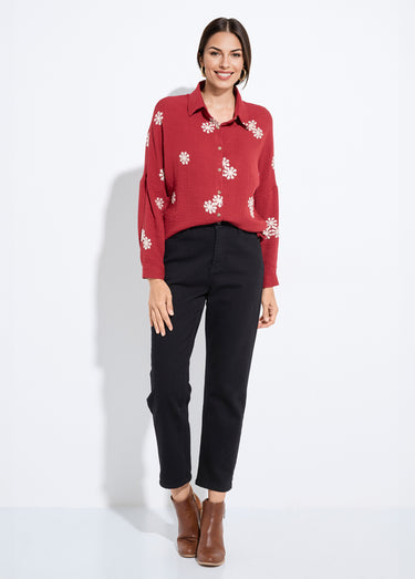 Chemisier avec broderies fleurs stylisées Bordeaux