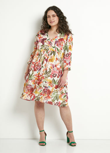 Robe courte volantée col V voile fleuri Multicolore