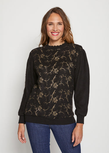 Pull doux scintillant col rond Noir/Dore