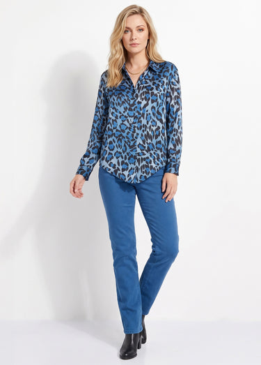 Chemisier boutonné satin manches longues Imprime/Bleu