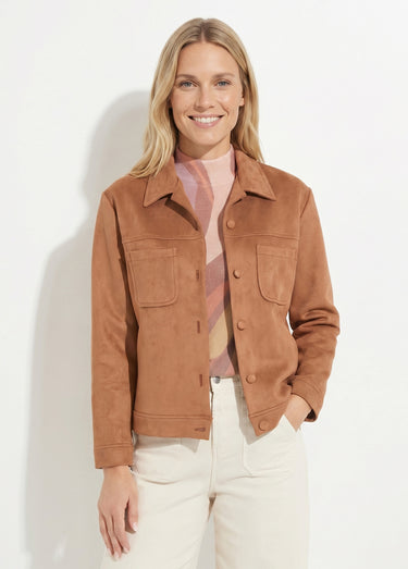Blouson boutonné tissu suédé col cranté Camel