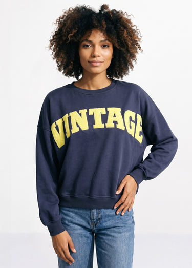 Sweat-shirt col rond inscription Vintage Marine/jaune