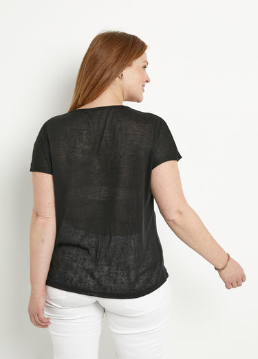 T-shirt col rond maille flammée motif doré Noir