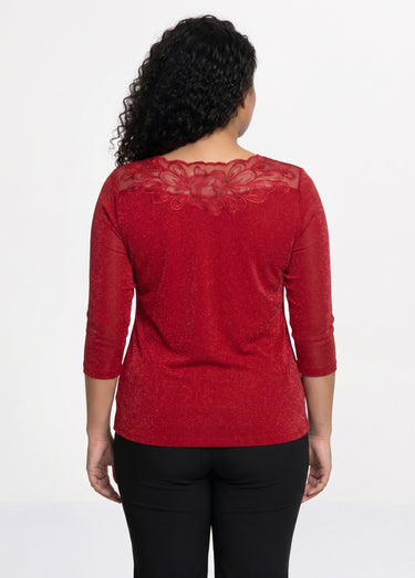 T-shirt manches 3/4 brodé brillant Rouge