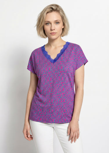 T-shirt court extensible dentelle Fond Fuchsia