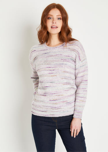 Pull chaud mouliné col rond avec laine Lilas/Ecru