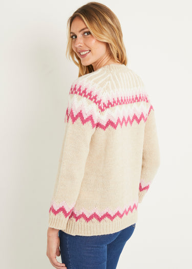 Pull doux  jacquard raglan col rond Beige Rose