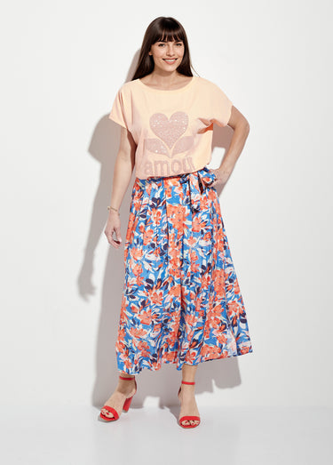 Jupe longue plissée fleurie fentes côtés Bleu / Orange