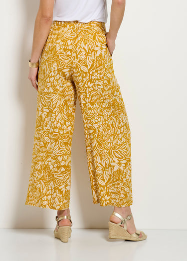 Pantalon large taille élastiquée fleuri ou uni Jaune/Ecru