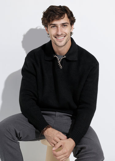 Pull avec col polo finition fantaisie Noir