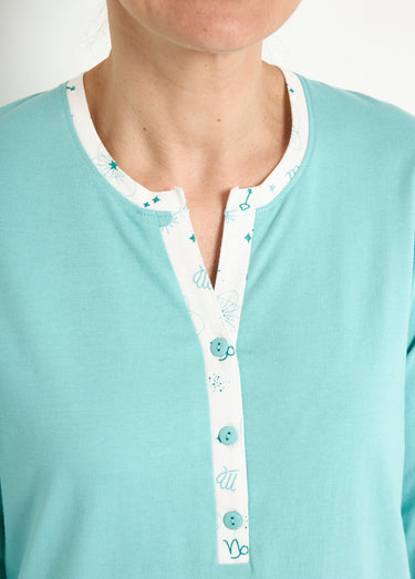Chemise de nuit liquette mi-longue boutonnée coton Aqua