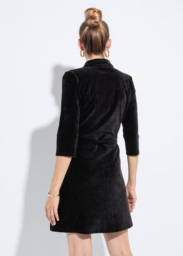 Robe col V à ceinturer en velours ras Noir