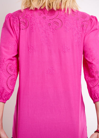 Chemisier long coton brodé manches 3/4 Rose