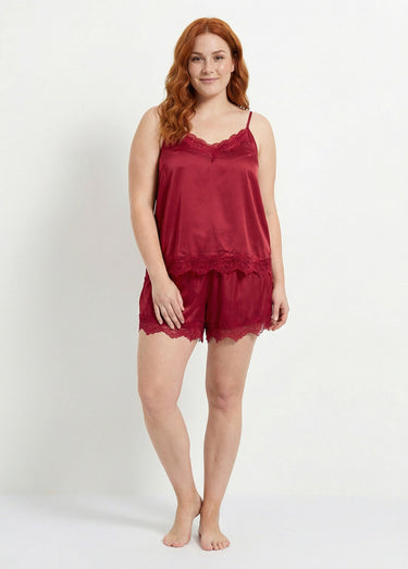 Ensemble top + short satin et dentelle Bordeaux