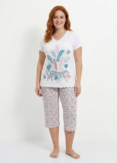 Pyjama court coton col V manches courtes Ecru