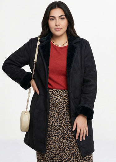 Manteau col tailleur façon peau lainée Noir