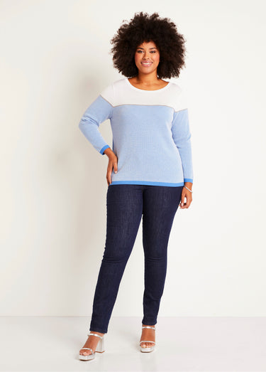 Pull fin col rond manches longues Blanc/Bleu