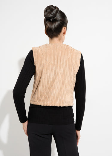 Veste zippée col V sans manches velours Camel