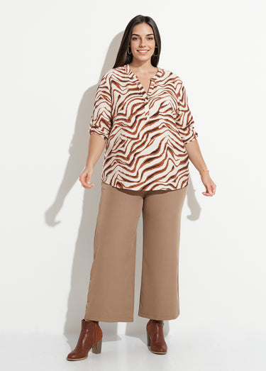 Blouse col V boutonné imprimé animalier Marron/Ecru