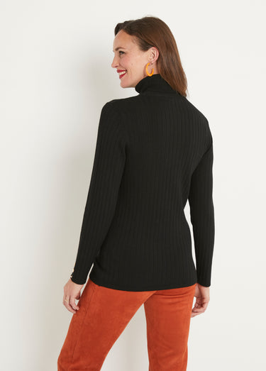 Pull doux côtelé court col roulé côtes plates Noir