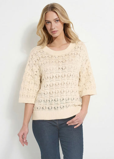 Pull manches courtes en maille ajourée Ecru