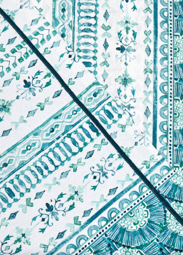 Parure de lit 4 pièces avec drap plat, éventails Bleu
