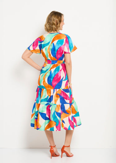Robe longue cache-coeur volantée manches courtes Orange/Bleu