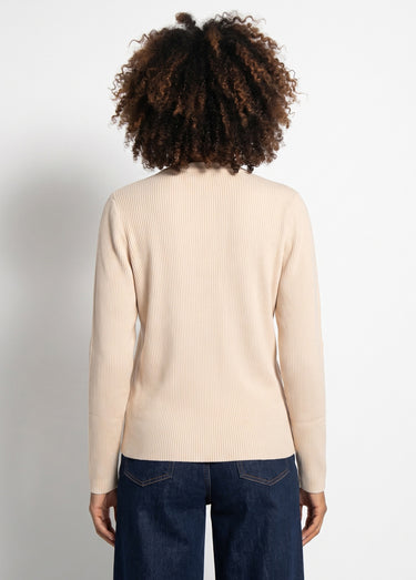 Pull fin uni maille côtelée col V Beige