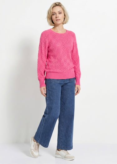 Pull doux court col rond uni ajouré Rose