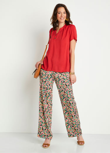 Pantalon taille semi-élastiquée satin fleuri Vert/Rose