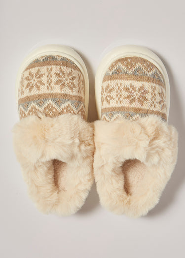 Chaussons fourrure et jacquard thème Noël Beige