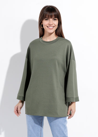 Sweat shirt large col rond, manches 3/4 Kaki