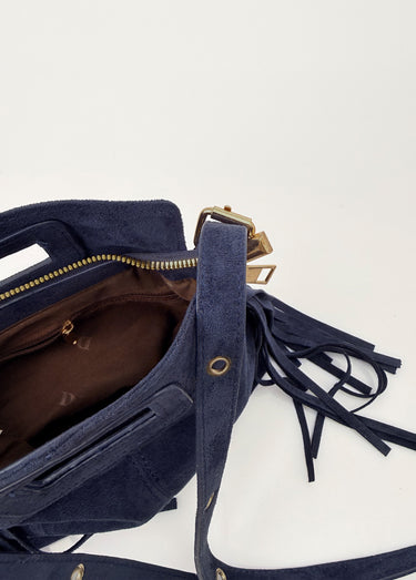 Sac bandoulière à franges, aspect suédé Marine