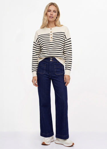 Pull à rayures avec col rond boutonné Blanc/Bleu