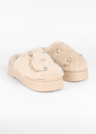 Mules compensées fourrure Beige