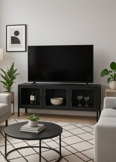 Meuble bas Banc TV acier et portes verre Noir