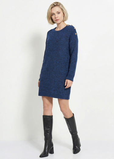 Robe pull chaude avec laine + boutons métal Bleu