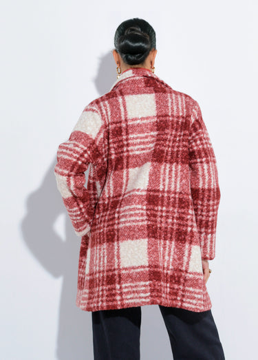 Caban carreaux long façon laine bouclée Brique/Ecru